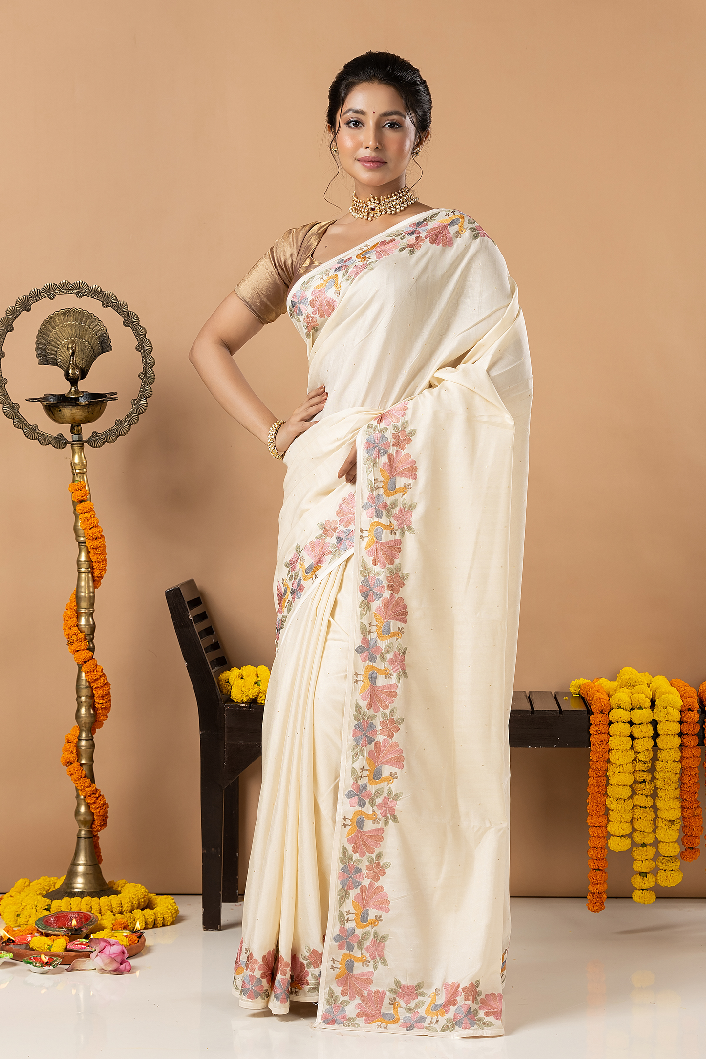 Fancy Semi Silk Saree | White | Plain Body with Floral border