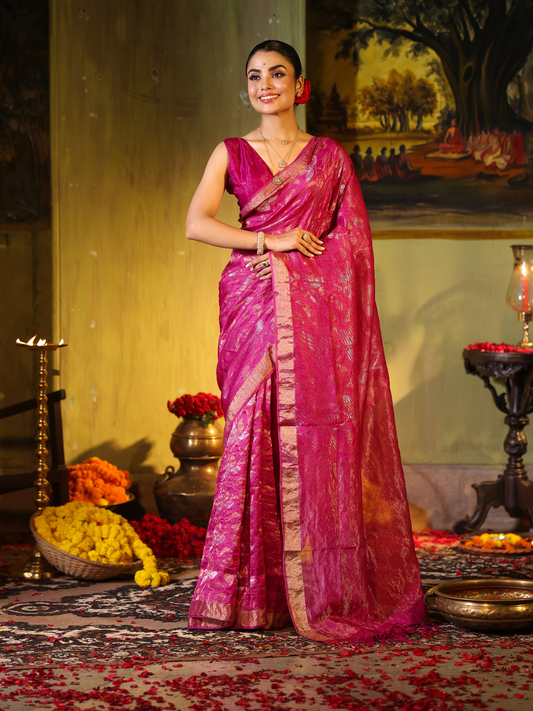 Matka Silk Jamdani  Saree With Deep Pink - 003