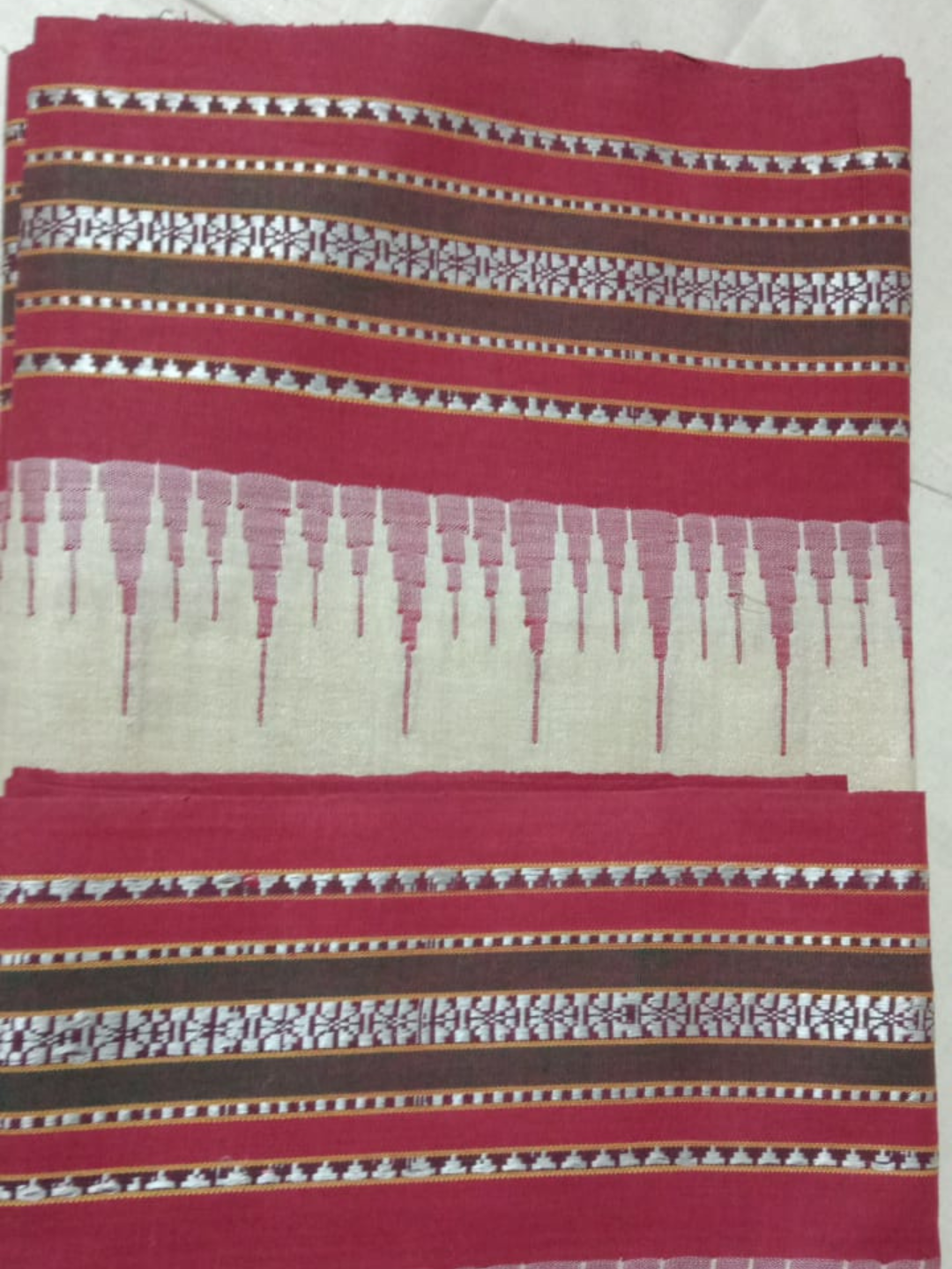 Blood Red Handloom Vidarbha Tussar Silk Saree with Multicolor Contrast Border -074