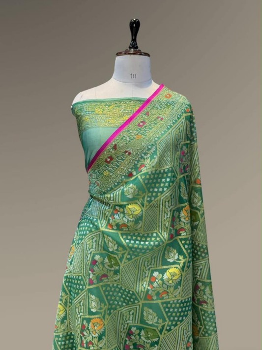 Exclusive Pure Ektara Benarasi Kora Jamdani saree | Green