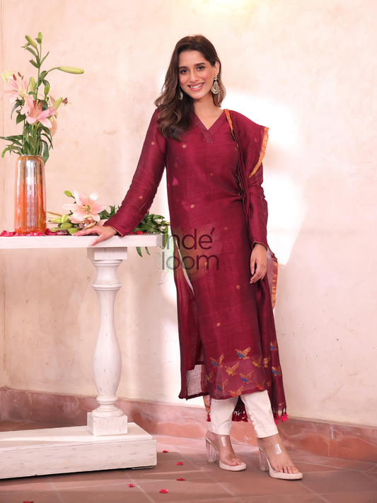 Handwoven Jamdani Cotton Linen Unstitched 2-piece Kurti | Maroon Red