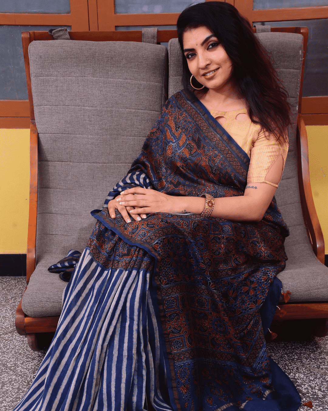 Exclusive Handblock Printed Ajrakh Cotton Saree | Navy Blue