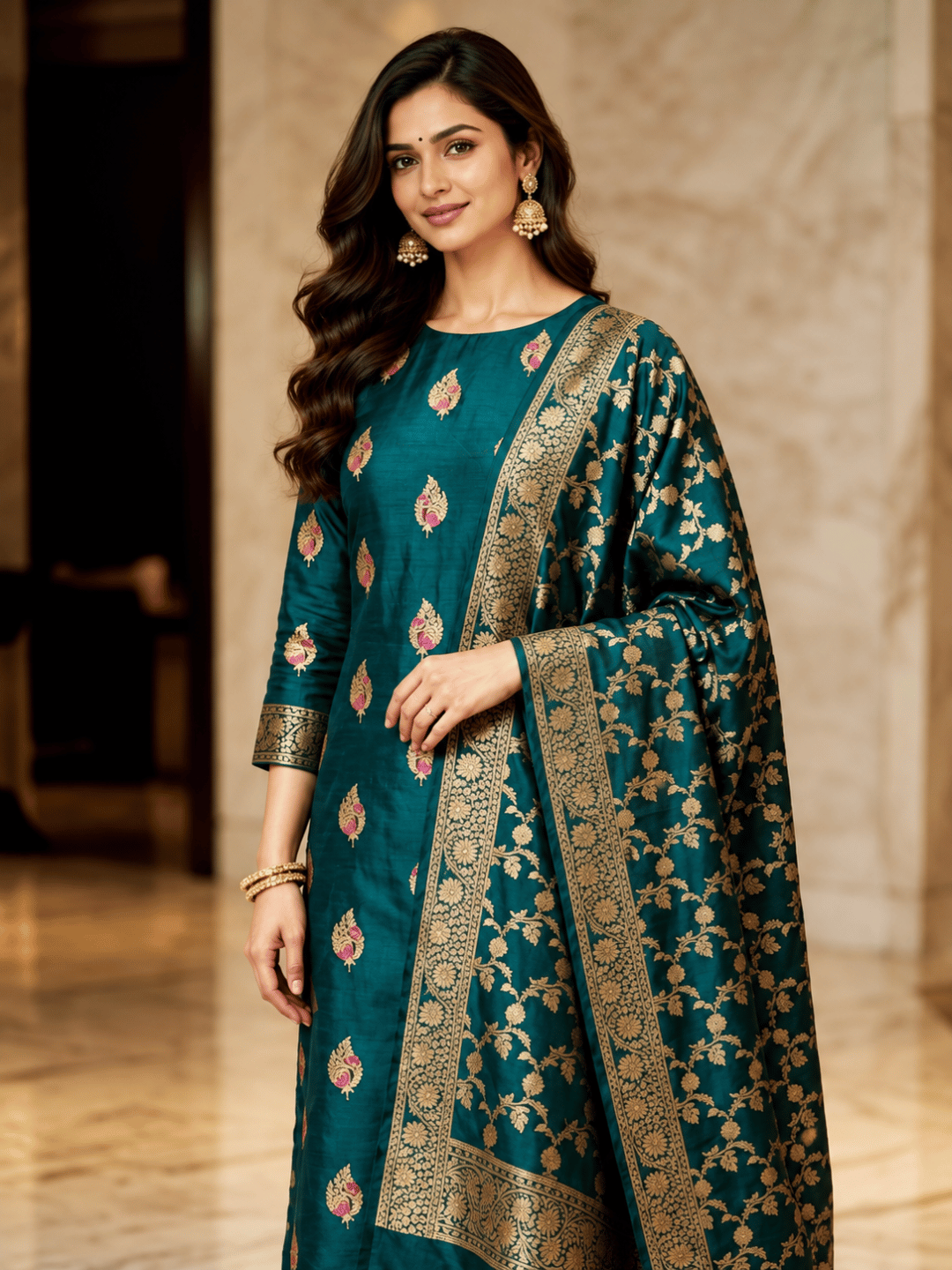 Classic Benarasi Katan Silk Kurti | Green