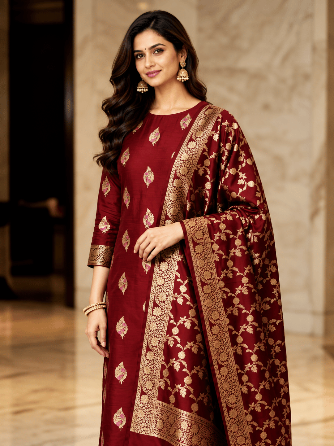 Classic Benarasi Katan Silk Kurti | Red