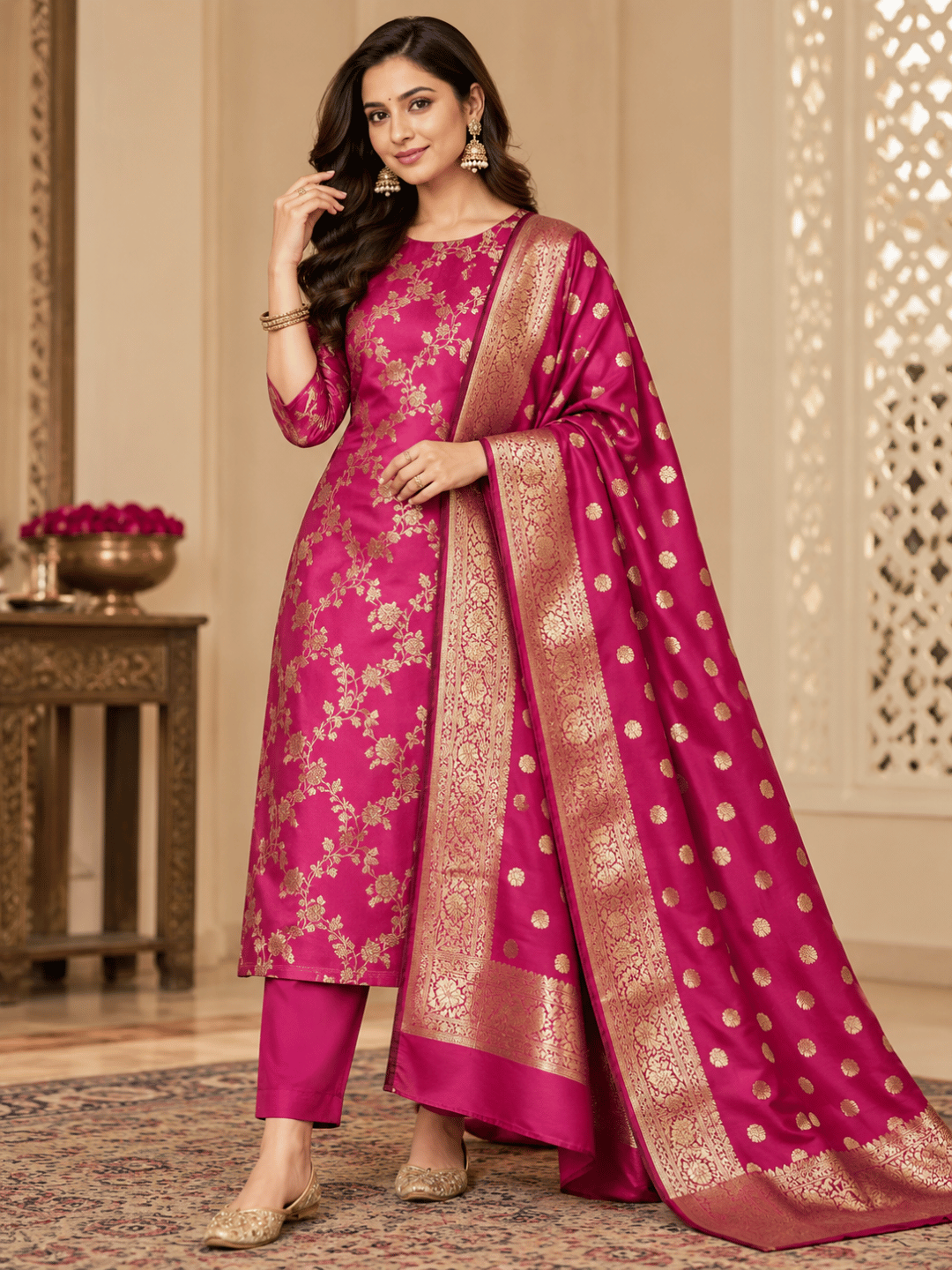 Classic Benarasi Katan Silk Kurti | Pink