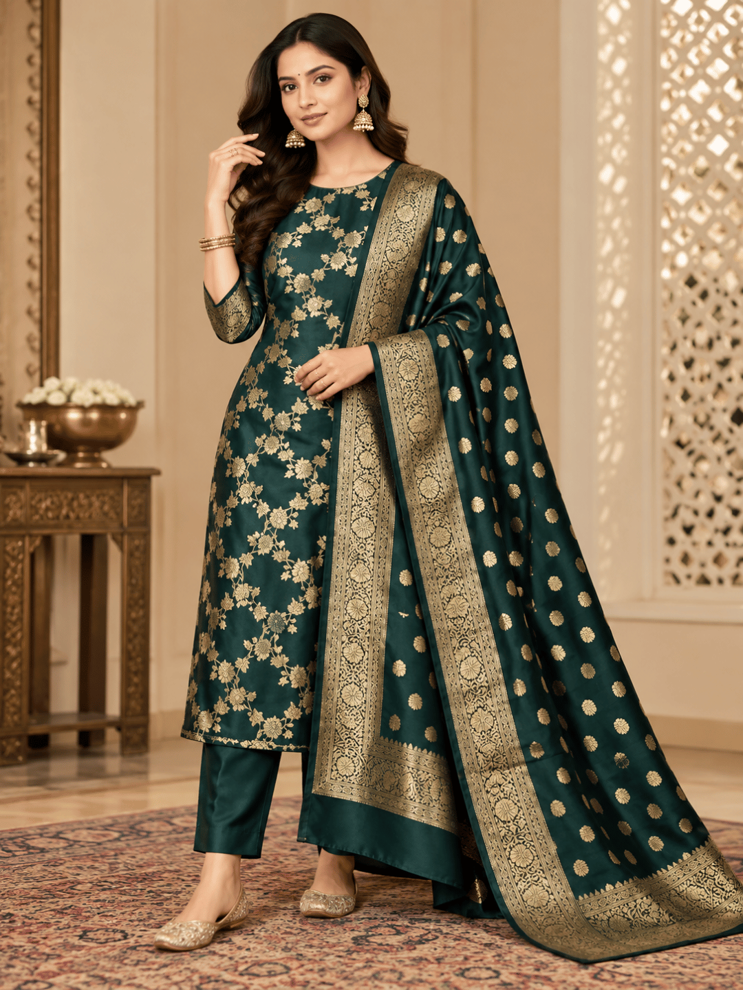 Classic Benarasi Katan Silk Kurti | Green
