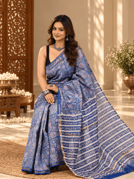 Classic Block Print Mul Chanderi Saree | Blue