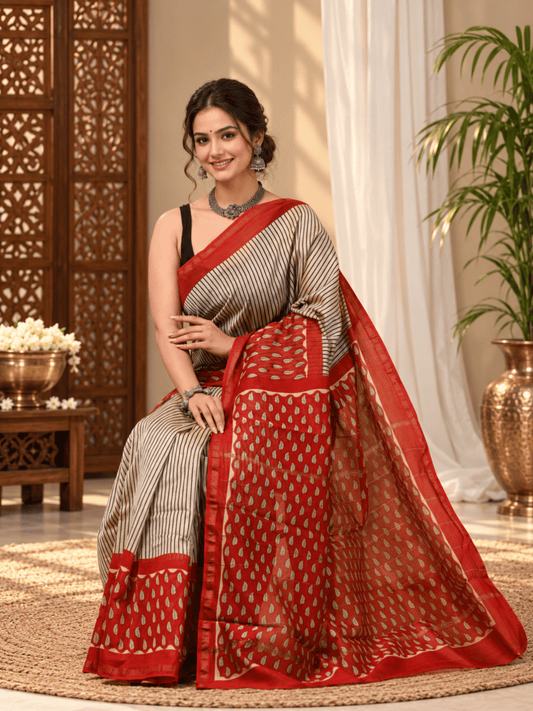 Classic Block Print Mul Chanderi Saree | Beige