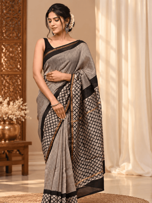 Classic Block Print Mul Chanderi Saree | Gray
