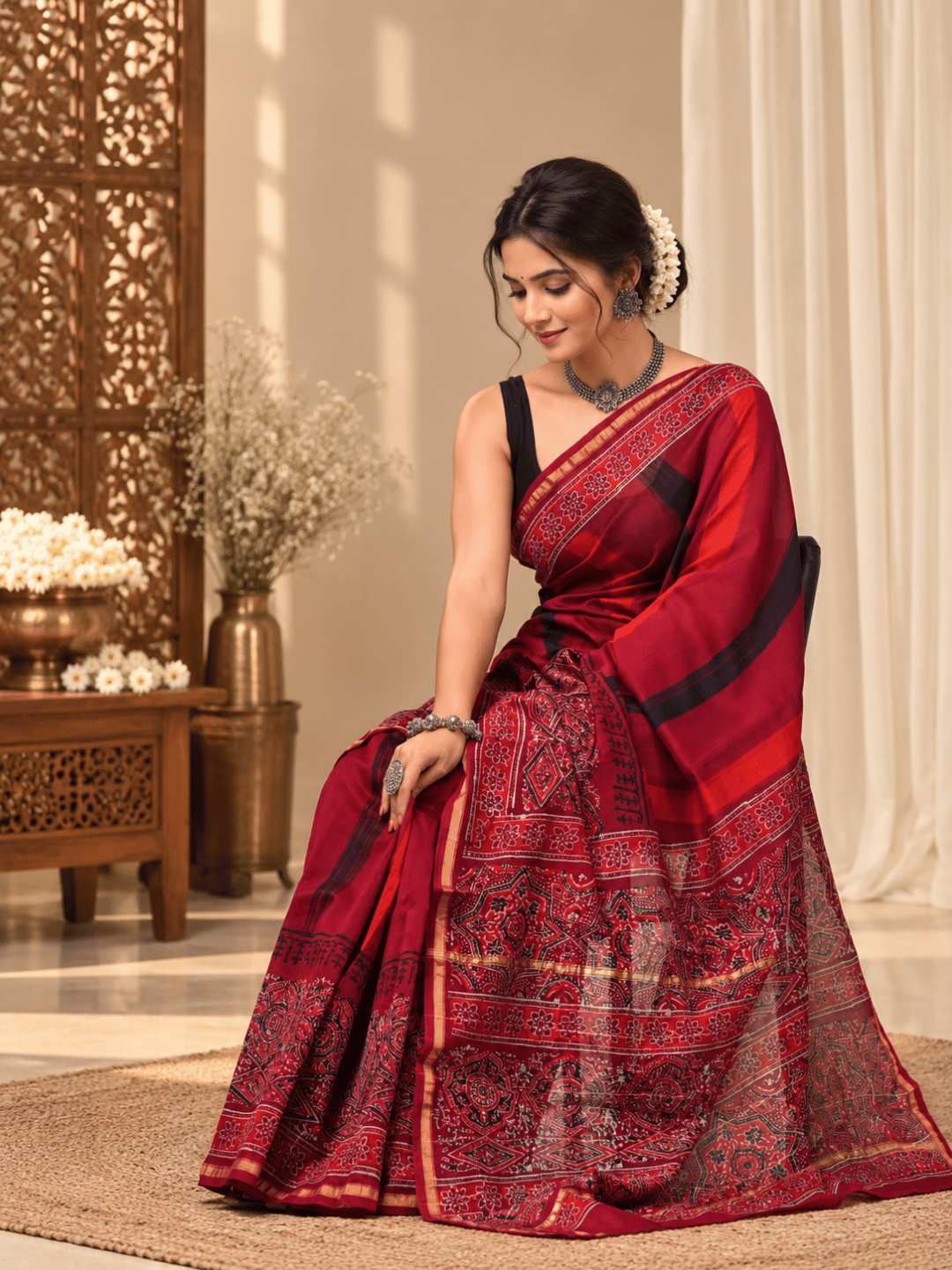 Classic Block Print Mul Chanderi Saree | Red