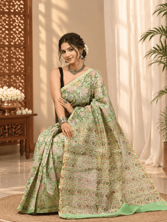 Classic Block Print Mul Chanderi Saree | Green