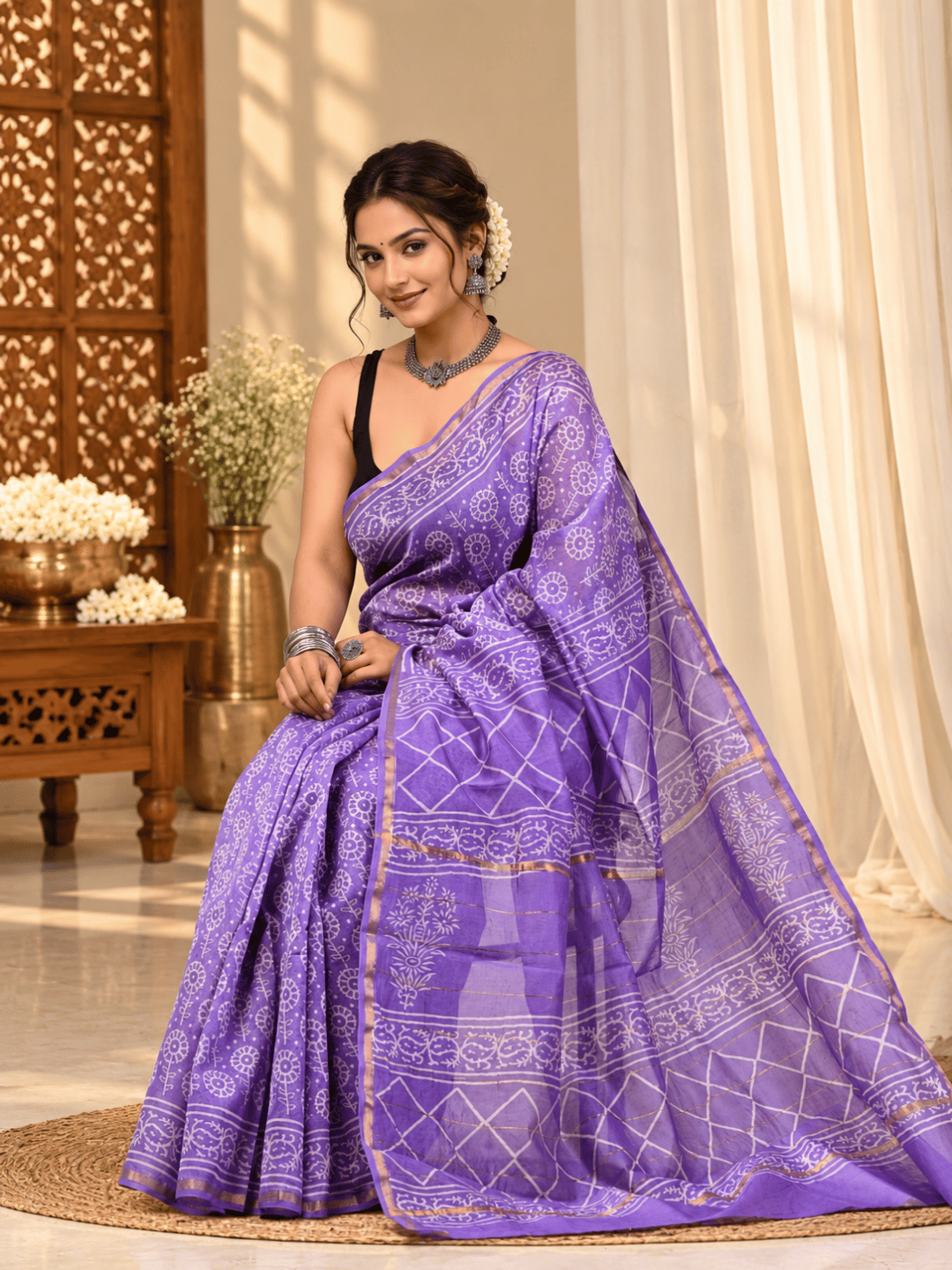 Classic Block Print Mul Chanderi Saree | Purple
