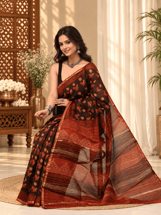 Classic Block Print Mul Chanderi Saree | Black