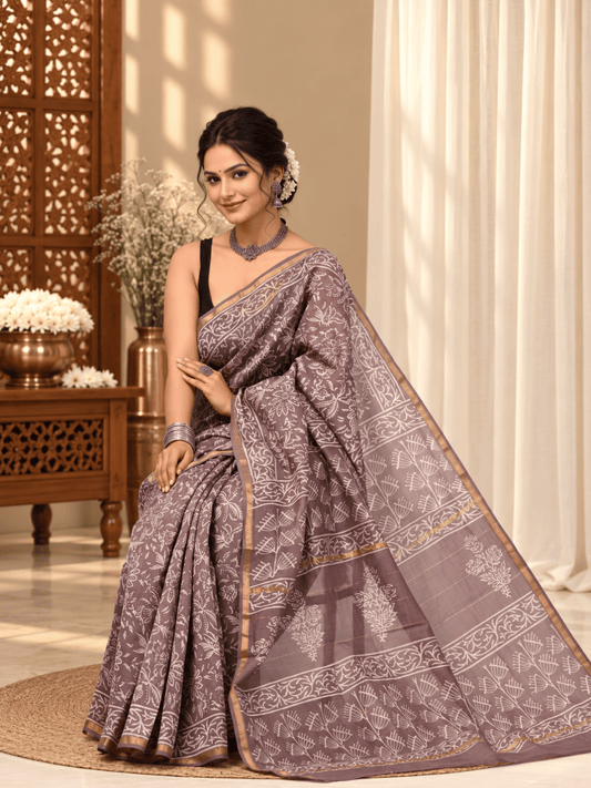 Classic Block Print Mul Chanderi Saree | Purple