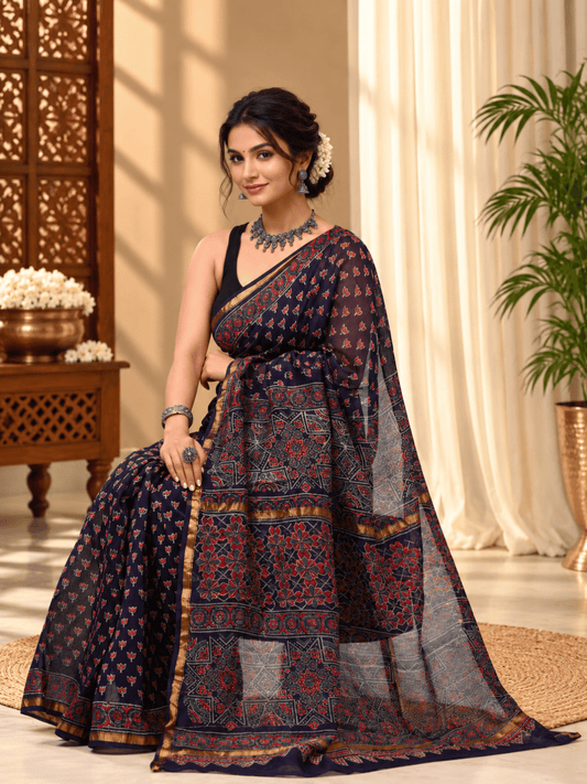 Classic Block Print Mul Chanderi Saree | Navy