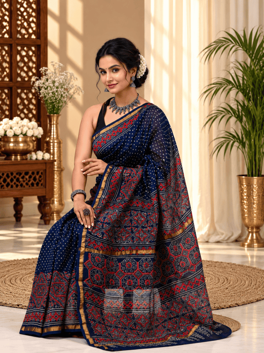 Classic Block Print Mul Chanderi Saree | Navy