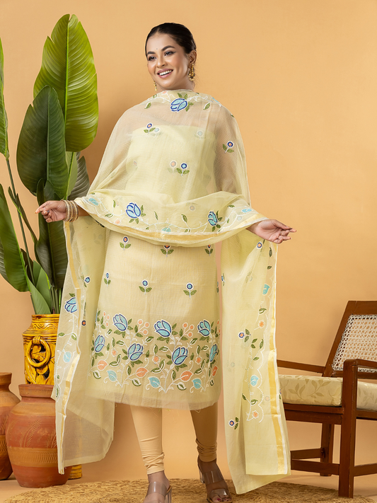 Classic Kota Doria Cotton Unstitched 2-Piece Kurti | Lemon Yellow