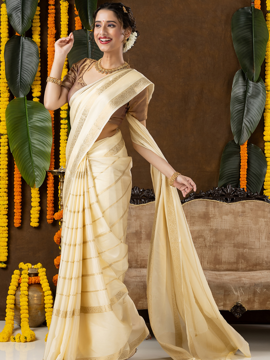 Classic Mysore Semi Silk Saree | Cream | Long Zari Lines with Mysore Silk Border