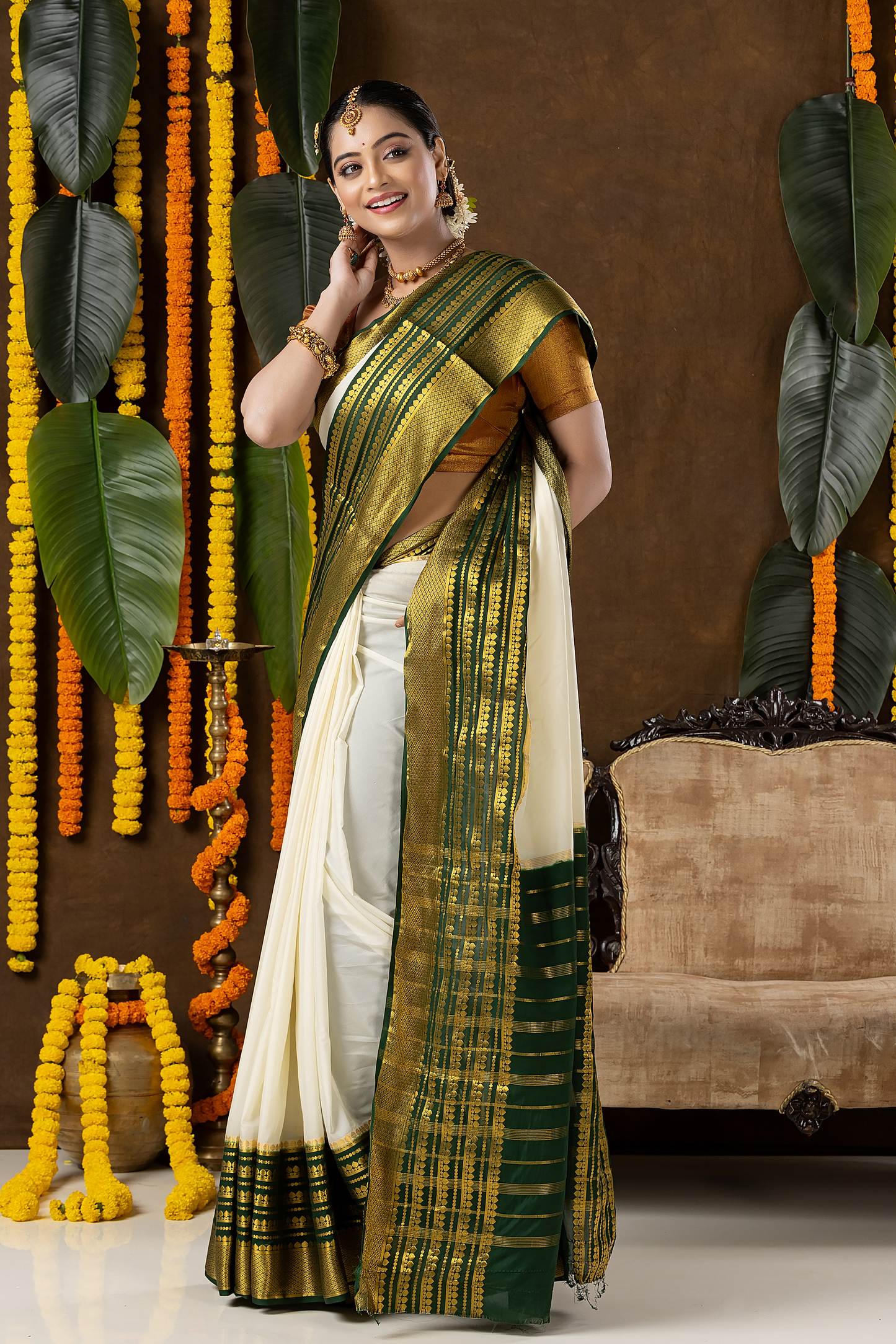 Classic Mysore Semi Silk Saree | White and Green | Plain Body with Grand Zari Border