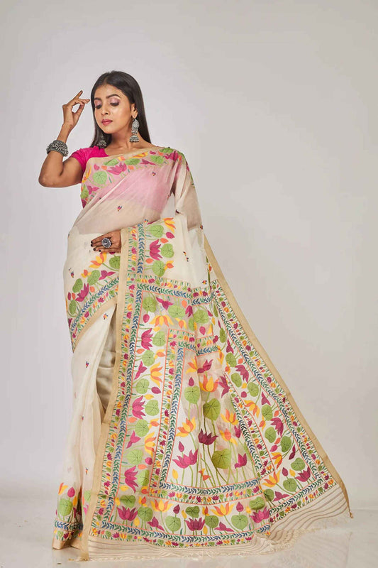 Handwoven Pure Jamdani Muslin Saree | Almond Beige