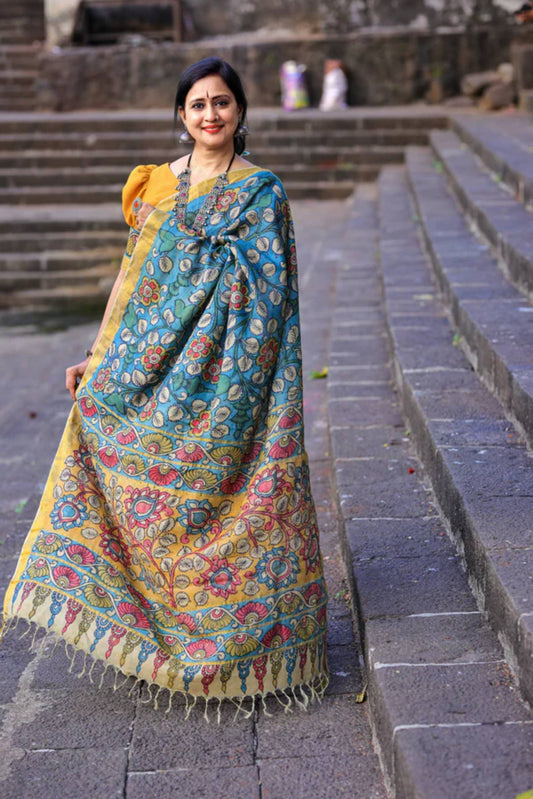 Traditional Handpainted Pen Kalamkari Tussar Silk Saree | Peacock Teal