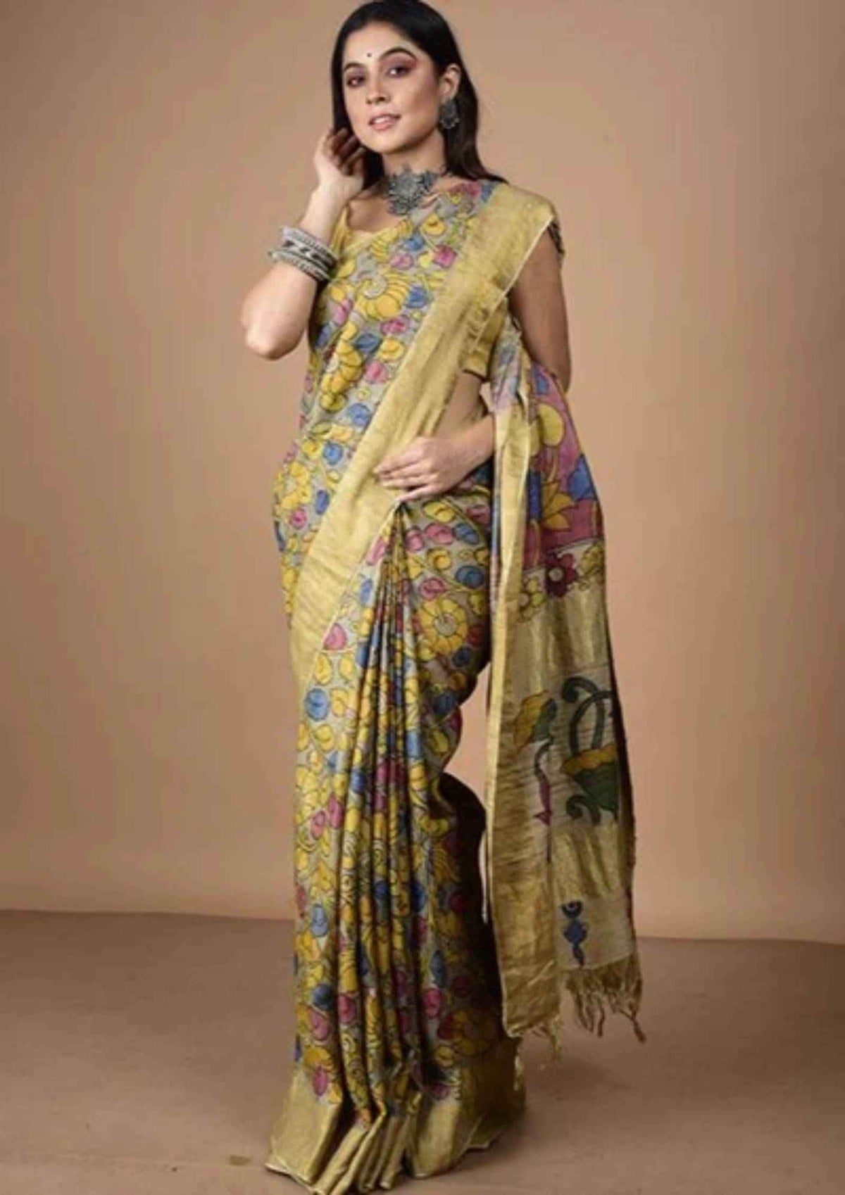 Bumblebee Yellow Floral with Red In Palla On Tussar silk Saree-014