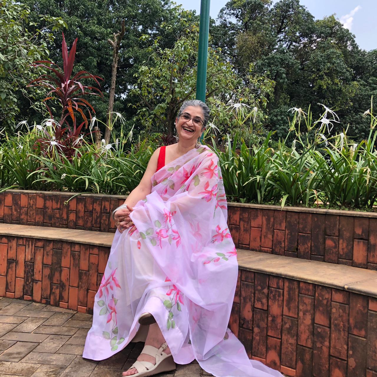 Pink Fuchsia Floral Garden-Pure Silk Organza Hand-painted Saree-005