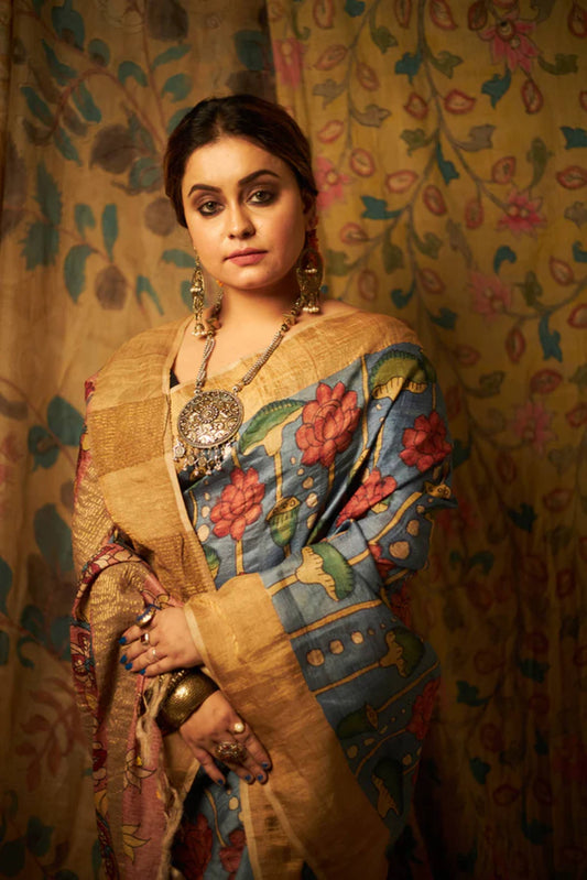 Traditional Handpainted Pen Kalamkari Mulberry Silk Saree | Steel Blue