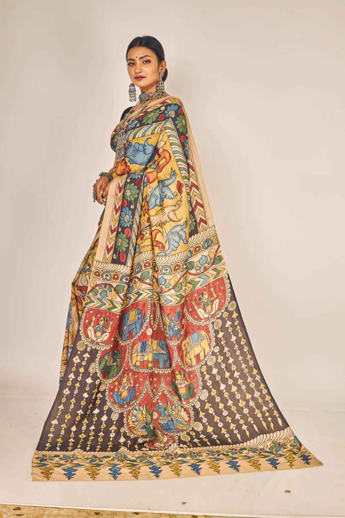 Traditional Handpainted Pen Kalamkari Mulberry Silk Saree | Wine Red