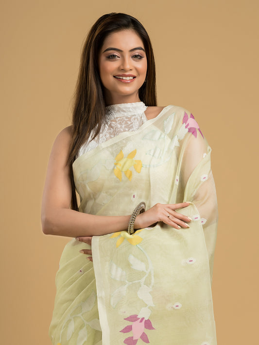 Handwoven Pure Jamdani Muslin Saree | Cream Beige