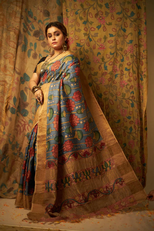 Traditional Handpainted Pen Kalamkari Mulberry Silk Saree | Steel Blue