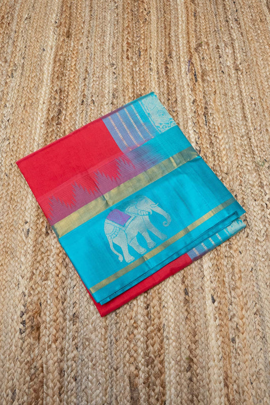 Pure Handloom Korvai Saree | Classic Red and Sky Blue