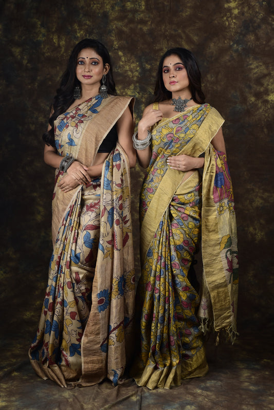 Pen Kalamkari Sari Cobalt Blue Garden Floral In Tussar Silk-013