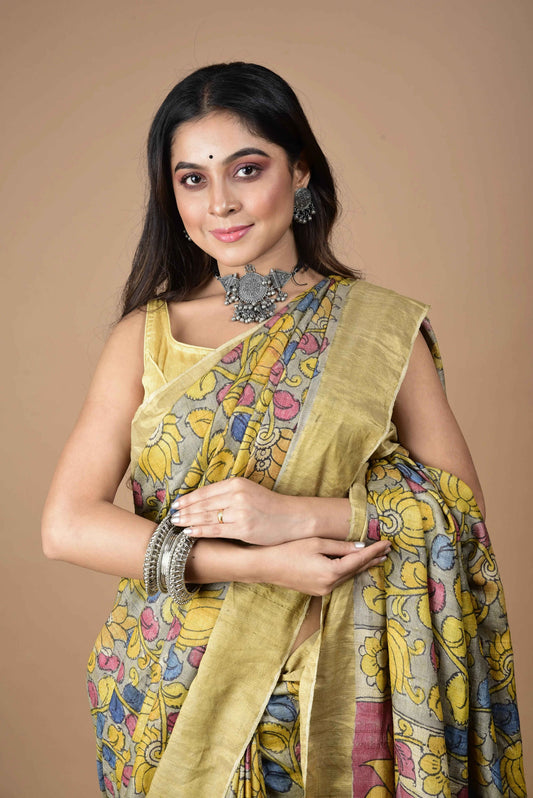Bumblebee Yellow Floral with Red In Palla On Tussar silk Saree-014