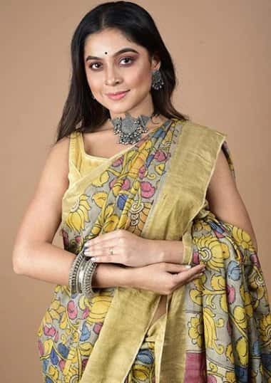 Bumblebee Yellow Floral with Red In Palla On Tussar silk Saree-014 - indeloom