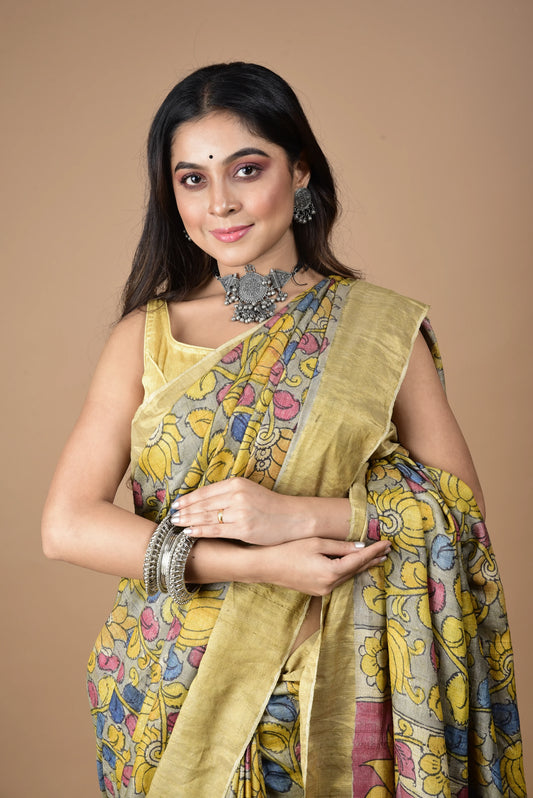 Bumblebee Yellow Floral with Red In Palla On Tussar silk Saree-014