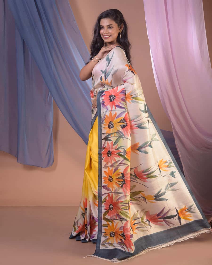 HANDPAINTED MULBERRY HANDLOOM SILK SAREE-055 - indeloom