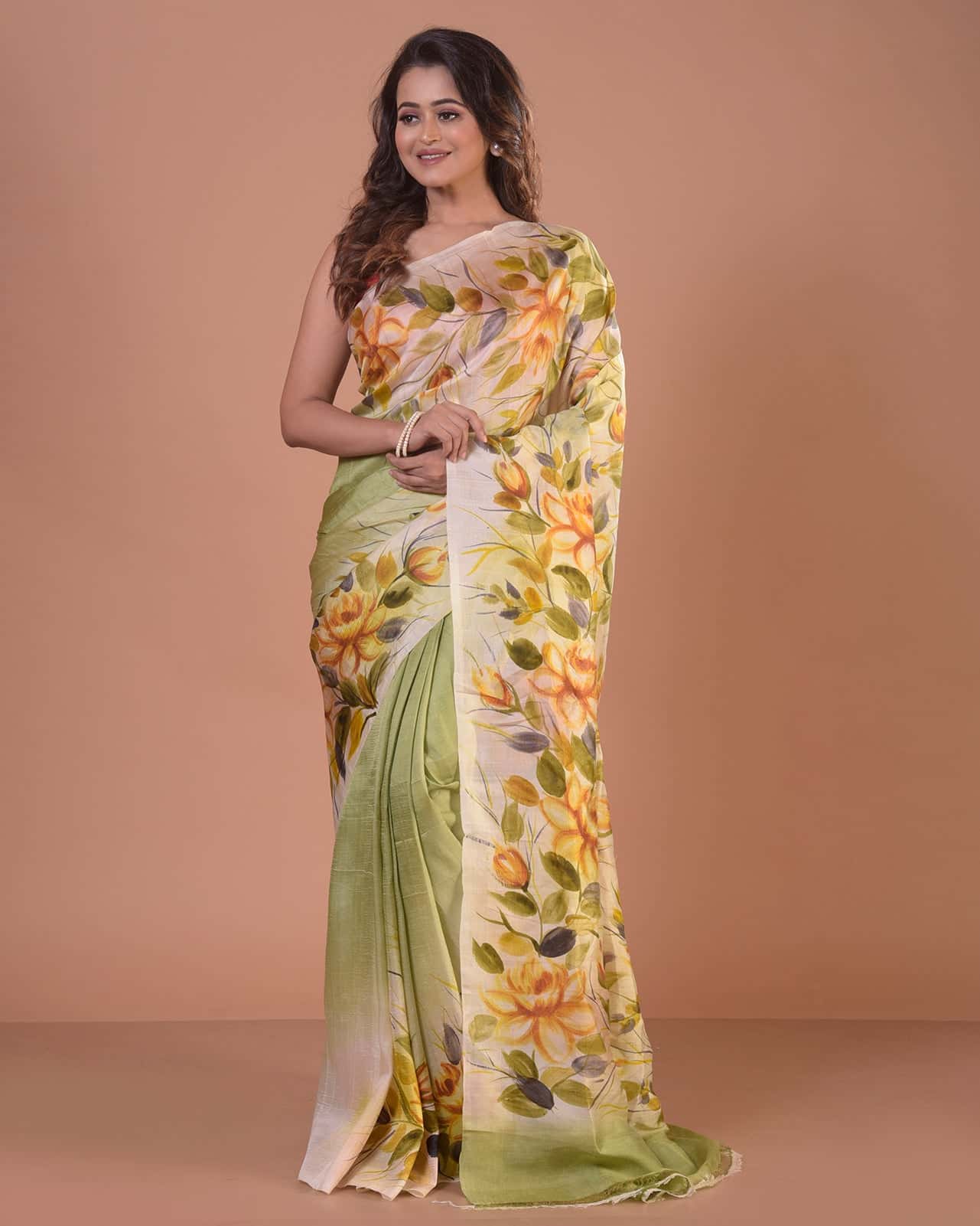 HANDPAINTED MULBERRY HANDLOOM SILK SAREE-022 - indeloom