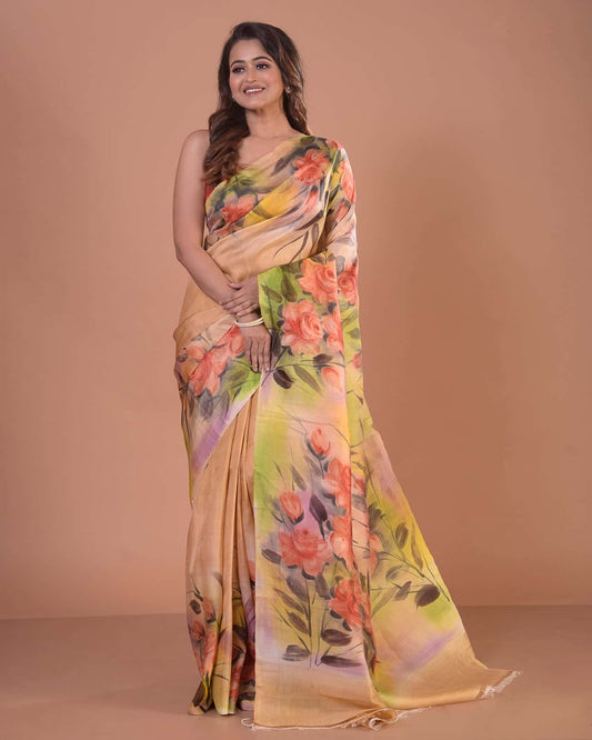 HANDPAINTED MULBERRY HANDLOOM SILK SAREE-024 - indeloom