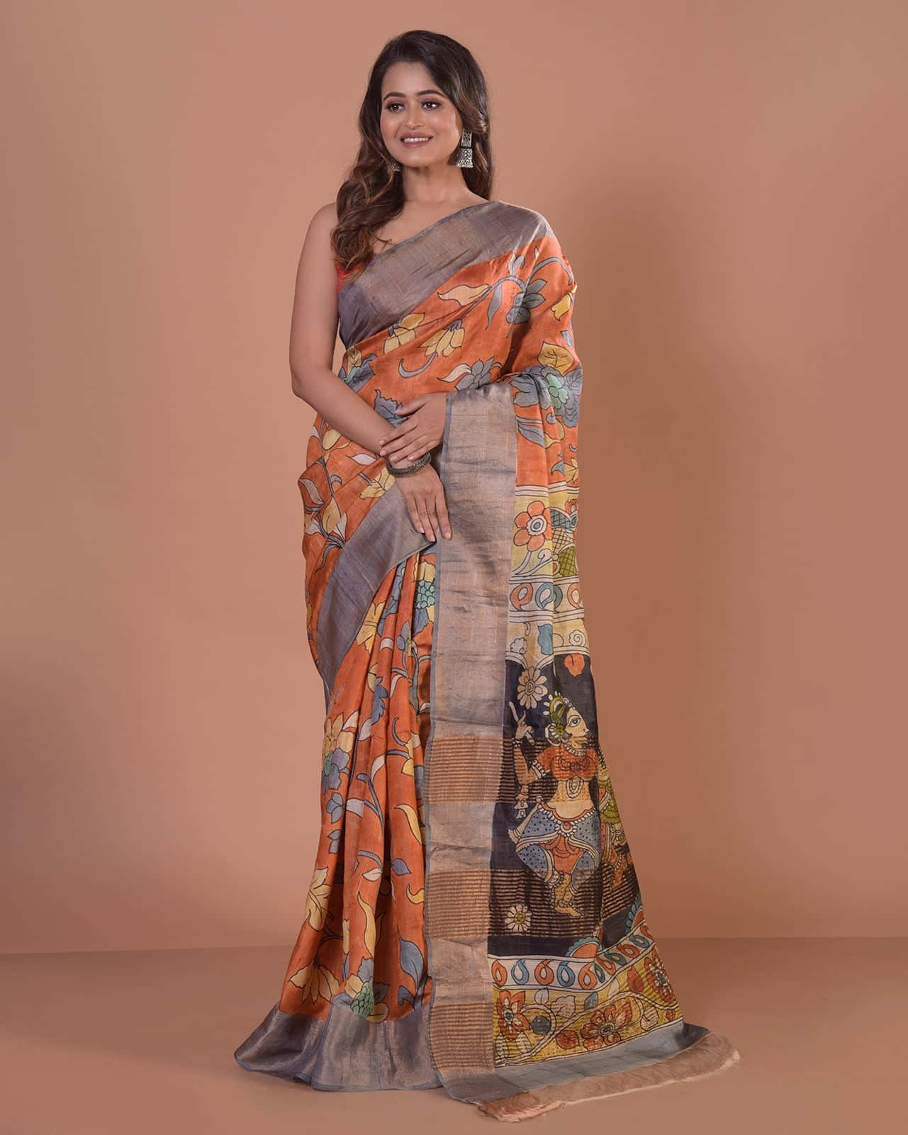 HANDPAINTED TUSSAR SILK SAREE-028 - indeloom