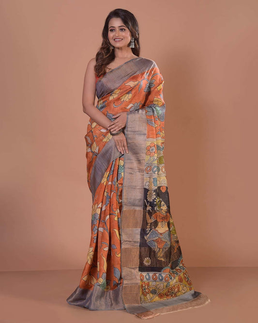 HANDPAINTED TUSSAR SILK SAREE-028 - indeloom