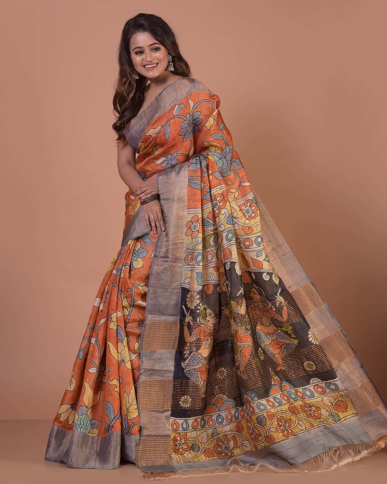 HANDPAINTED TUSSAR SILK SAREE-028 - indeloom