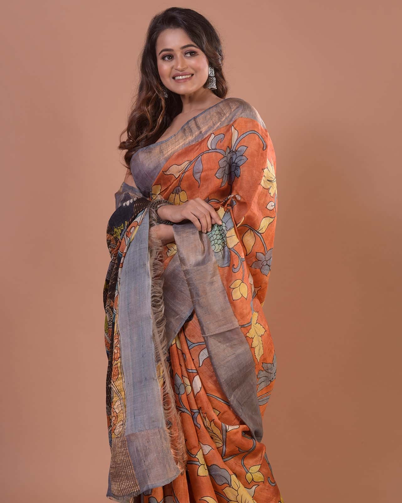 HANDPAINTED TUSSAR SILK SAREE-028 - indeloom