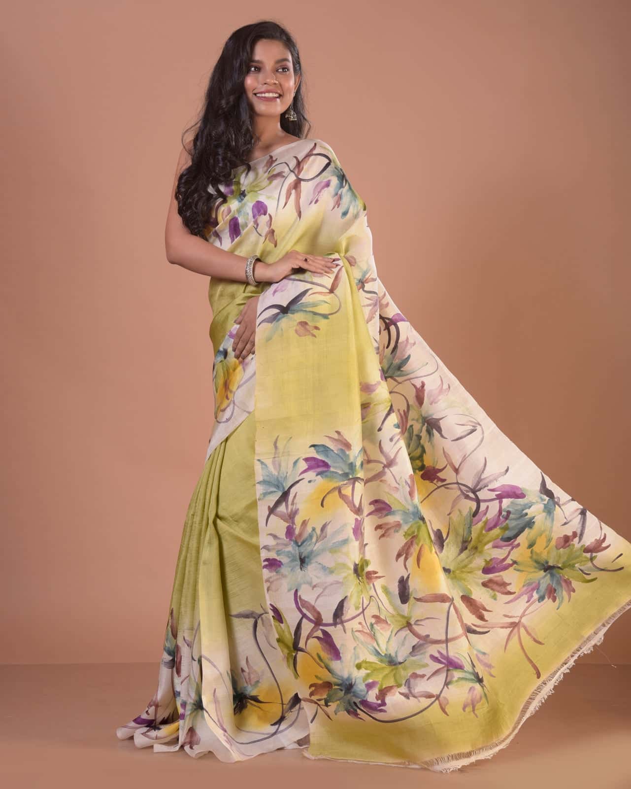 HANDPAINTED MULBERRY HANDLOOM SILK SAREE-031 - indeloom