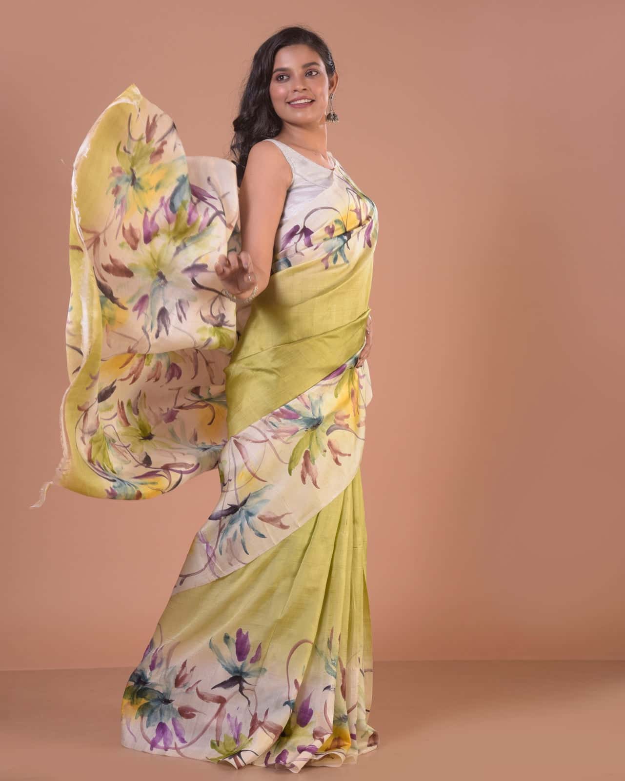 HANDPAINTED MULBERRY HANDLOOM SILK SAREE-031 - indeloom