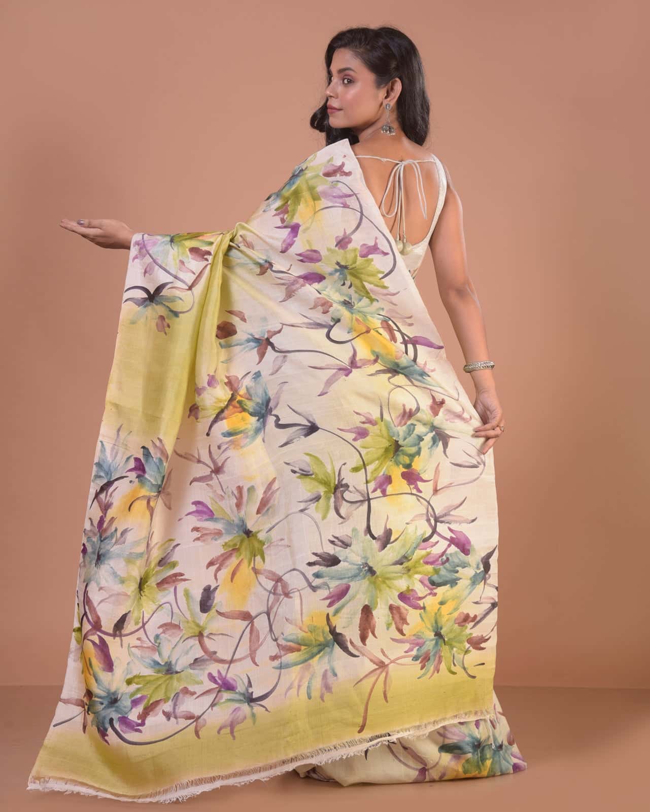 HANDPAINTED MULBERRY HANDLOOM SILK SAREE-031 - indeloom