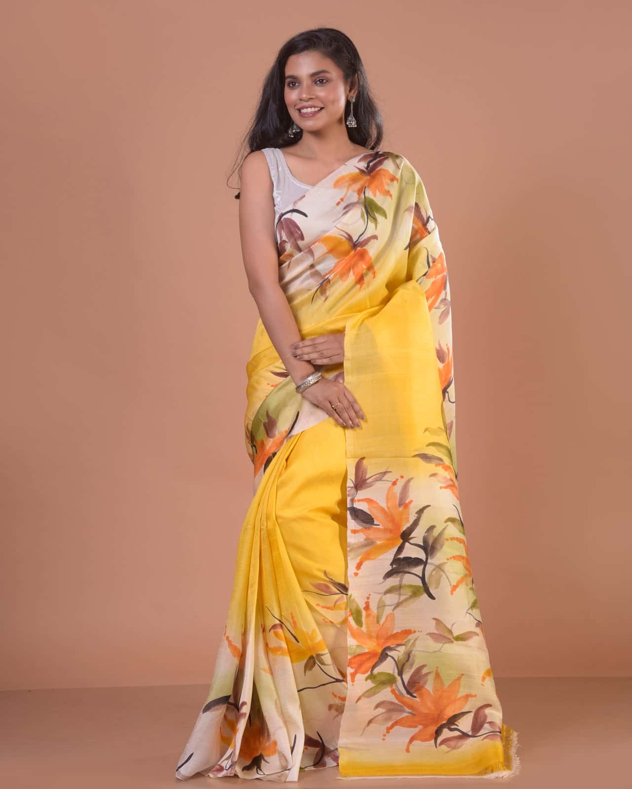HANDPAINTED MULBERRY HANDLOOM SILK SAREE-035 - indeloom