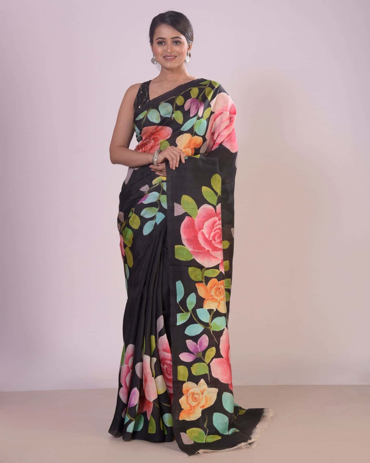 HANDPAINTED MULBERRY HANDLOOM SILK SAREE-036 - indeloom