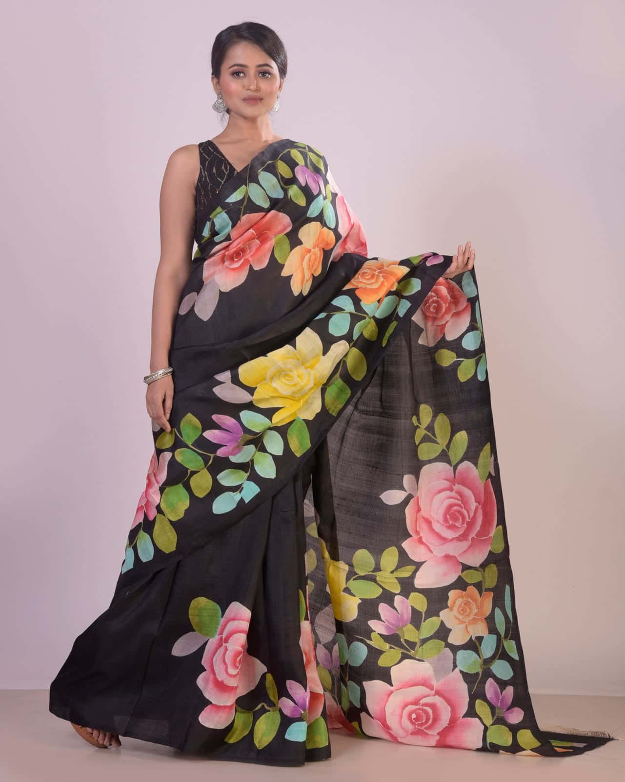 HANDPAINTED MULBERRY HANDLOOM SILK SAREE-036 - indeloom