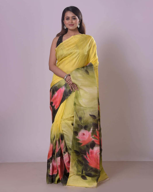 Handpainted Mulberry Handloom Silk Saree-039 - indeloom